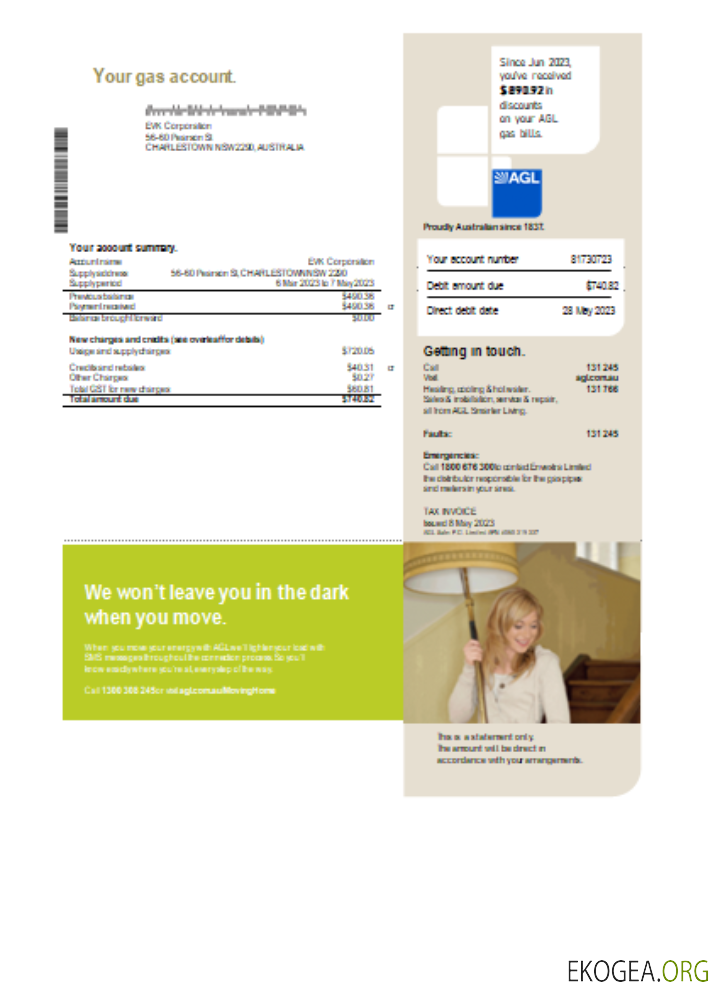 Facture commerciale de service public de gaz d'AGL Australie, SCR